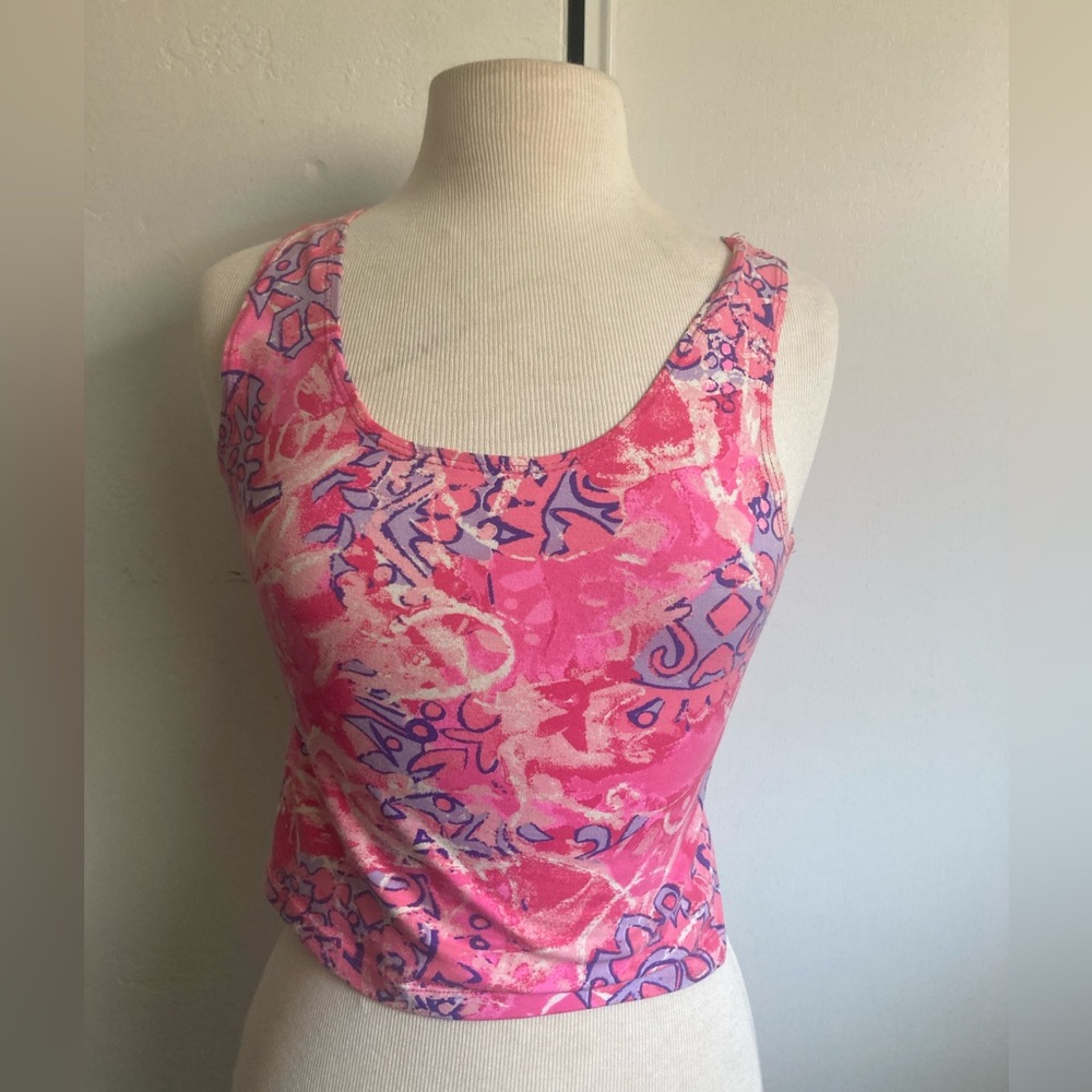 1990’s 90’s Vintage Athletic Stretch Tank Top in Abstract Pink Pattern